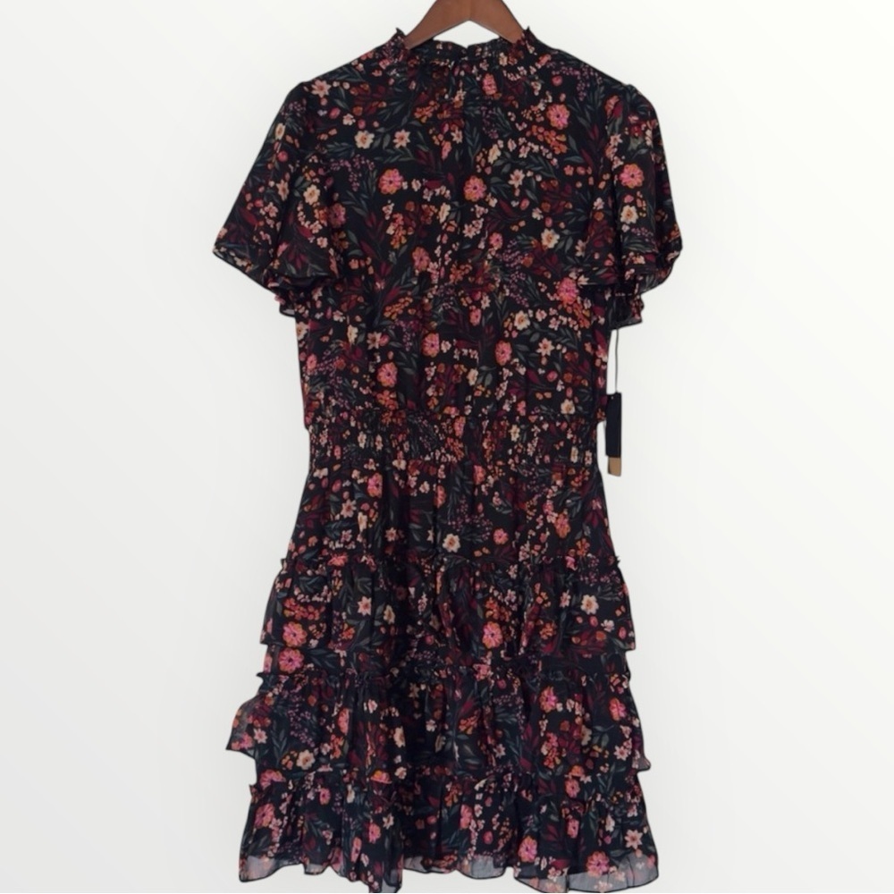 HALOGEN Floral Flutter Sleeve Ruffle Dress in Rich Black Size Large NWT